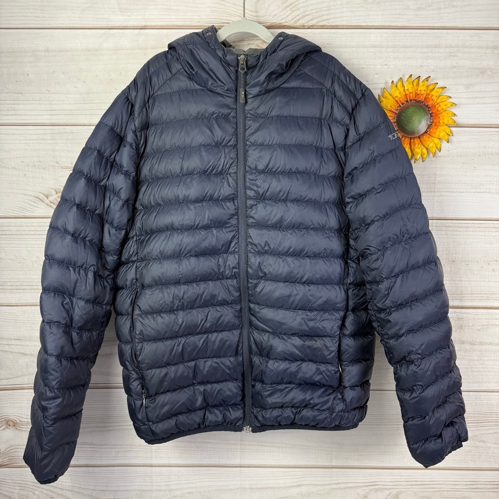 Tumi Packable Down Puffer‎ Jacket Hooded Lightweight Navy Blue Mens M